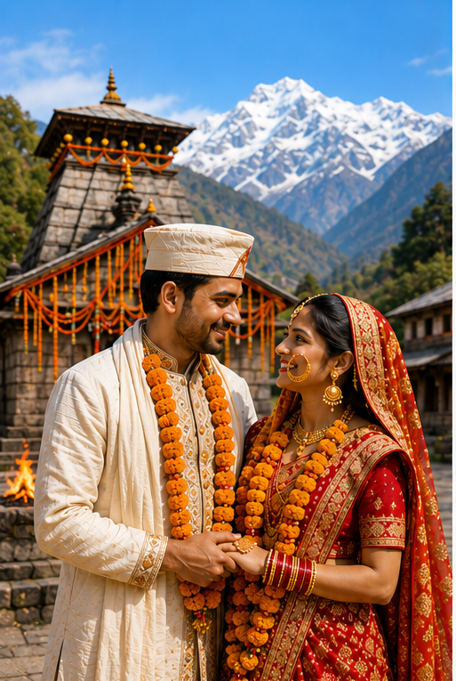 Pahadi bride and groom in traditional attire with Himalayan backdrop