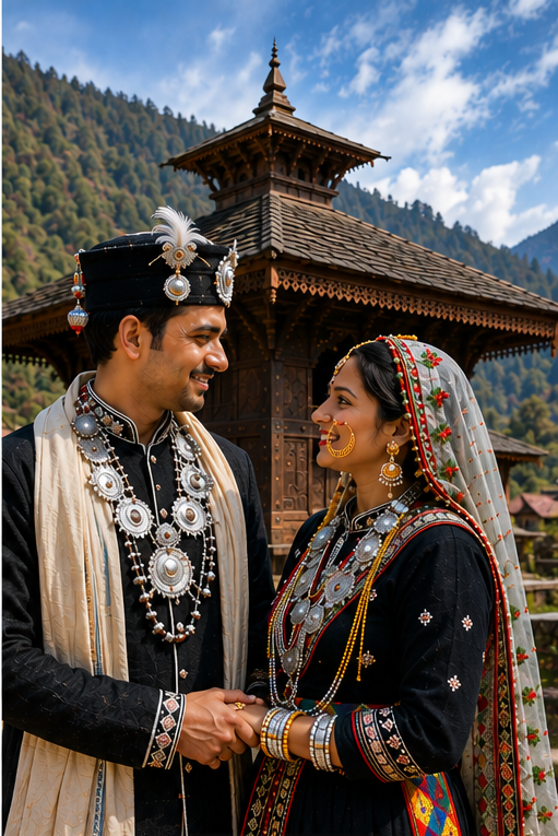 Pahadi couple celebrating wedding at a traditional Himachali shrine