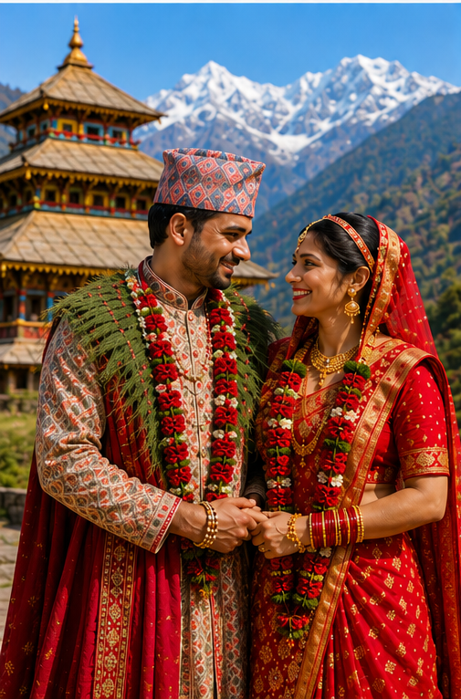 Pahadi couple in red traditional wedding attire amid snow-clad mountains
