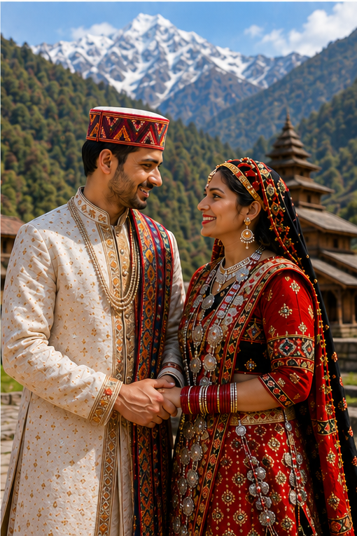 Pahadi bride and groom in ornate traditional wear at a temple in the mountains