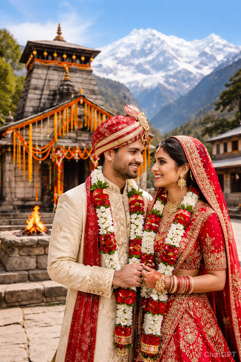 Happy Pahadi couple in traditional Uttarakhandi attire celebrating their wedding through Pahadi Byah matrimonial platform